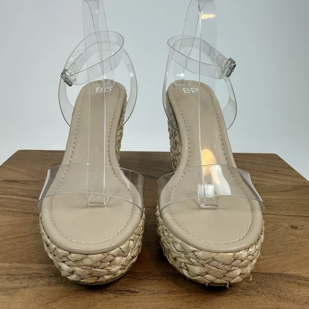 Womens BP Nordstrom Ginny Clear‎ Beige Strappy Espadrille Wedge Sandals Size 9.5